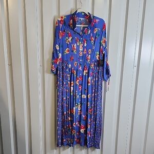 John Mark Blue Island Dreaming Midi Dress with Floral Accents Size Small NWT